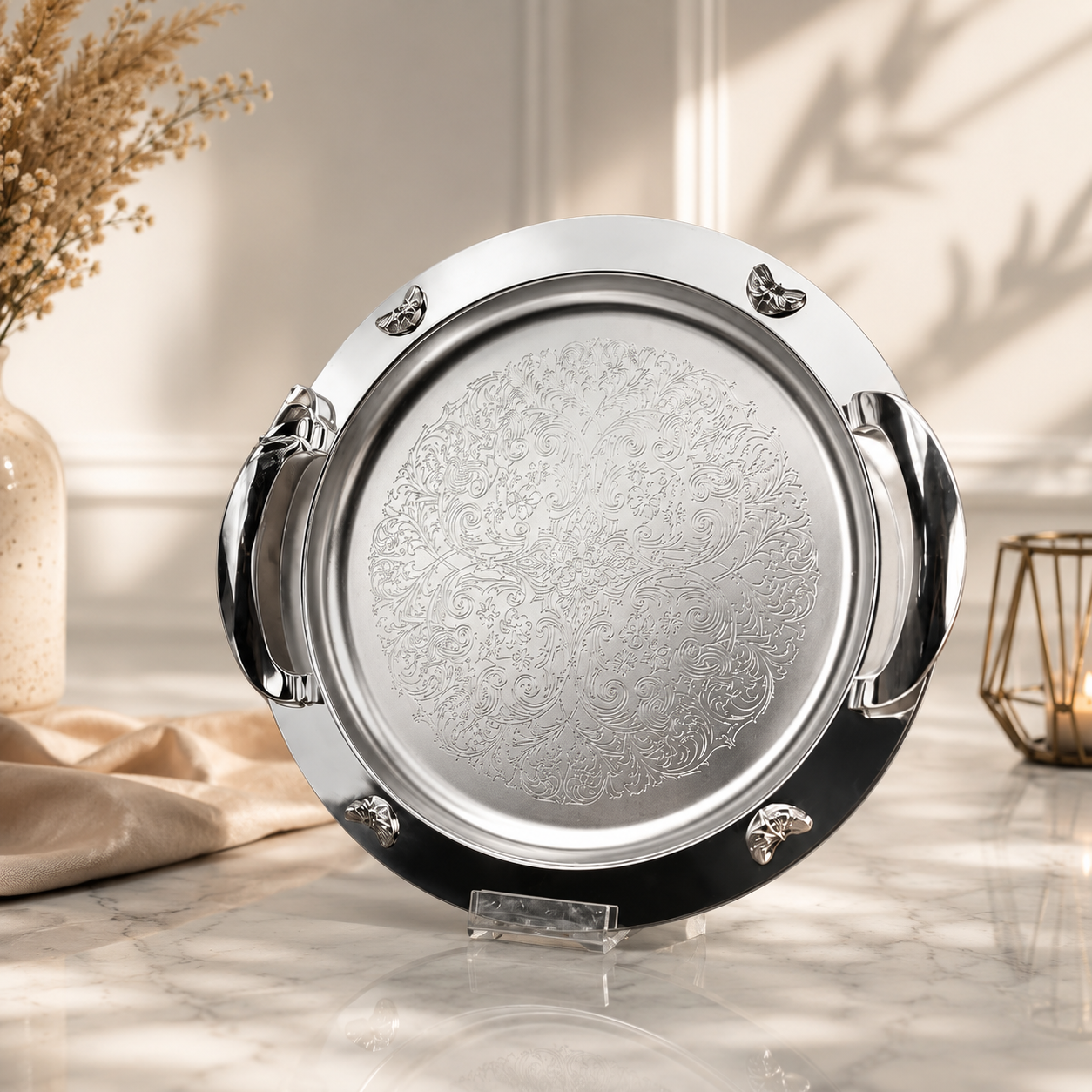 سینی گرد گلدار پایه دار نقره ای